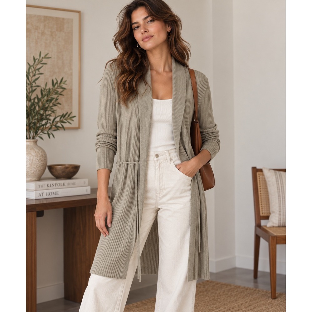 Banana Republic longline Cardigan S Beige 100% Silk Ribbed Duster Quiet Luxury